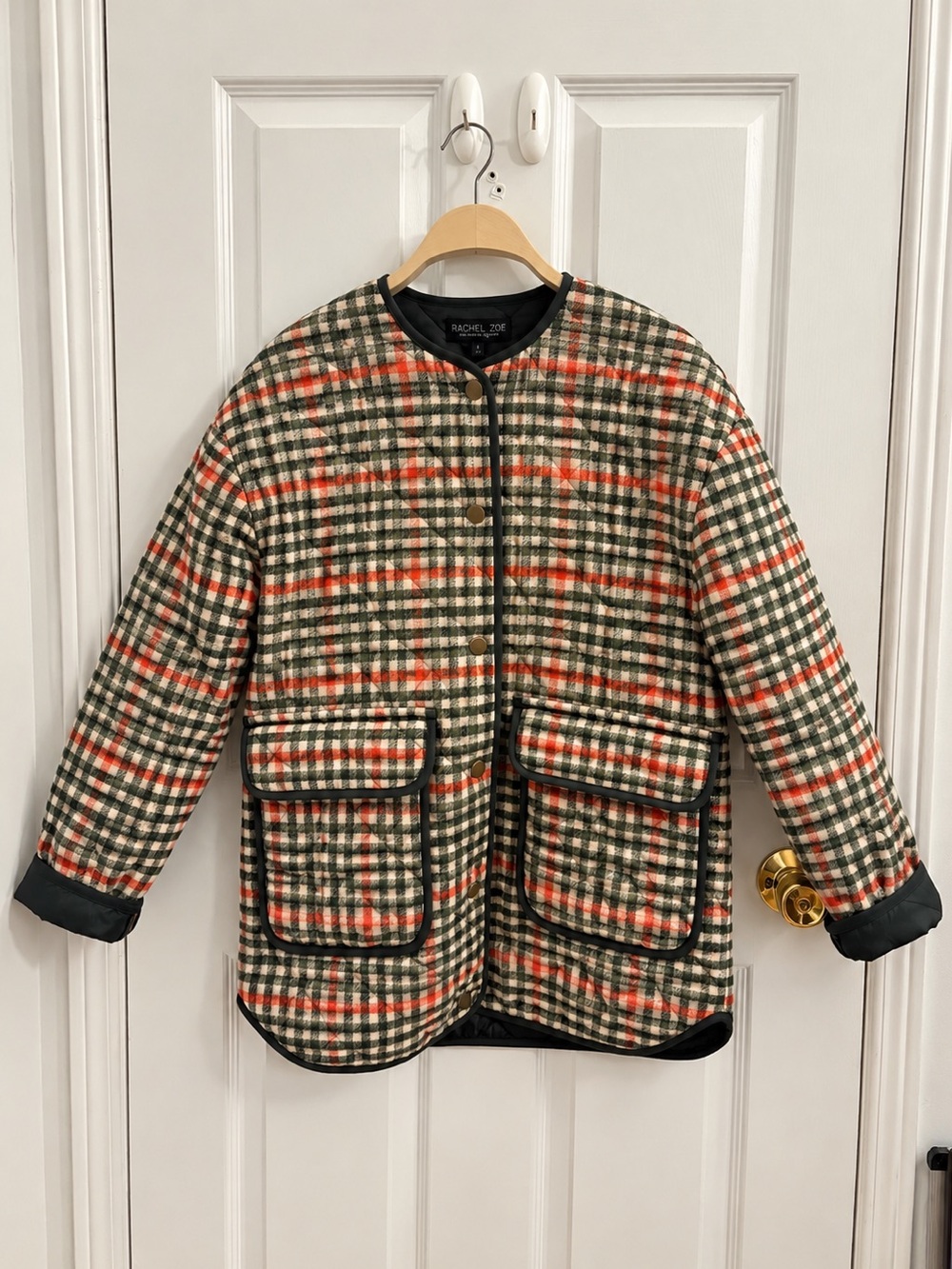 Rachel Zoe Quilted Plaid Jacket in Cream, dark green and orange details